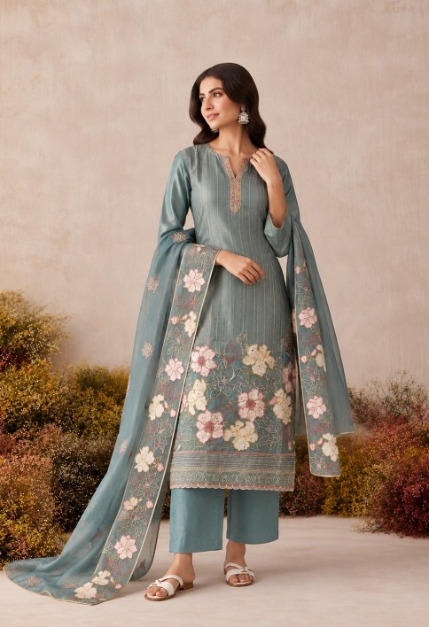 Aqua Blue Shimmer Embroidered Work Pant Style Suit